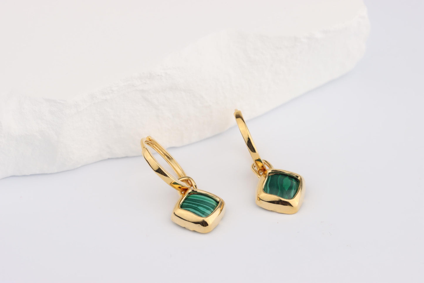 Sterling Silver 925 Gold Plated Hoops with Green Square Malachite Dropper
