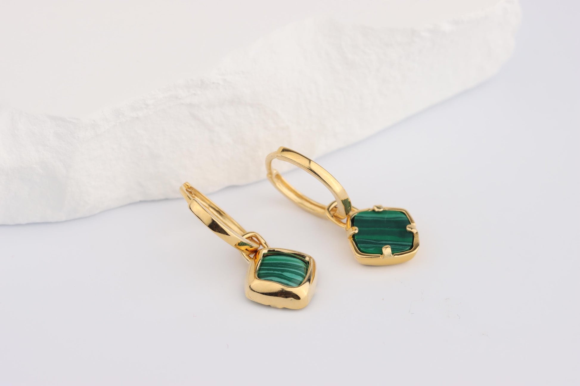 Sterling Silver 925 Gold Plated Hoops with Green Square Malachite Dropper