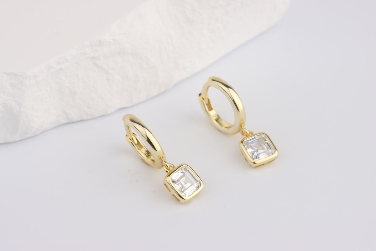 Sterling Silver 925 Gold Plated Hoops with White Square CZ Dropper