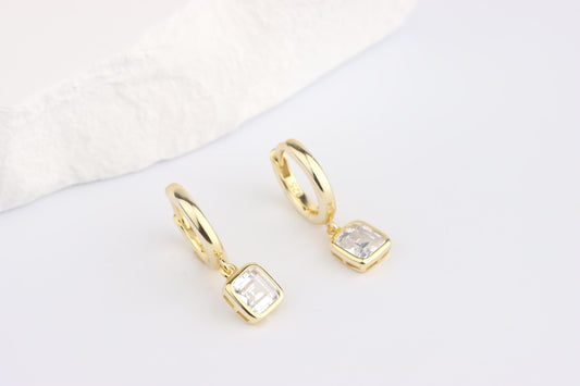 Sterling Silver 925 Gold Plated Hoops with White Square CZ Dropper