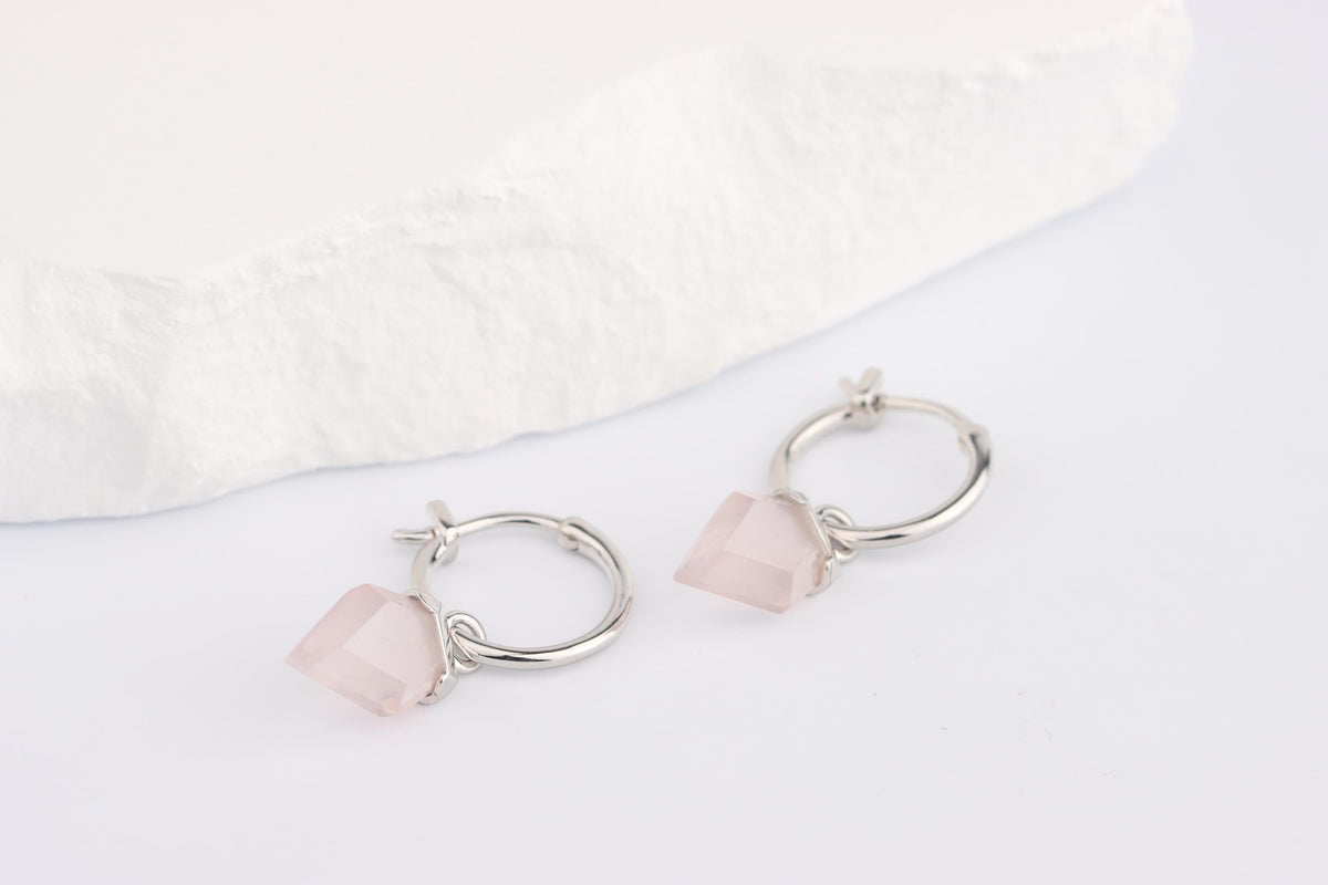 Sterling Silver 925 Rose Quartz Charm Hoop Earrings