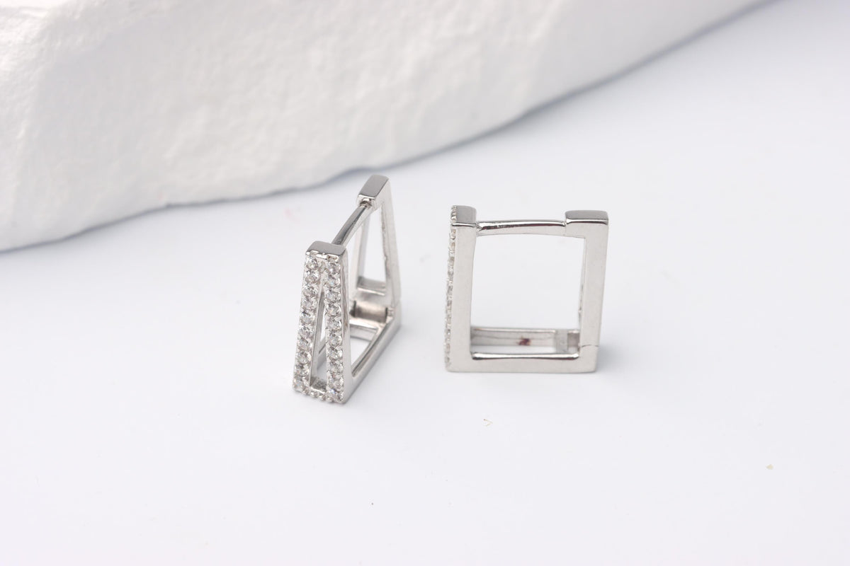 Sterling Silver 925 Square CZ Encrusted Huggie Hoops