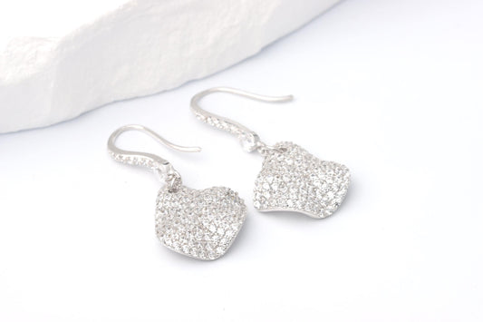 Sterling Silver 925 Pave CZ Set Wavy Dropper Earrings