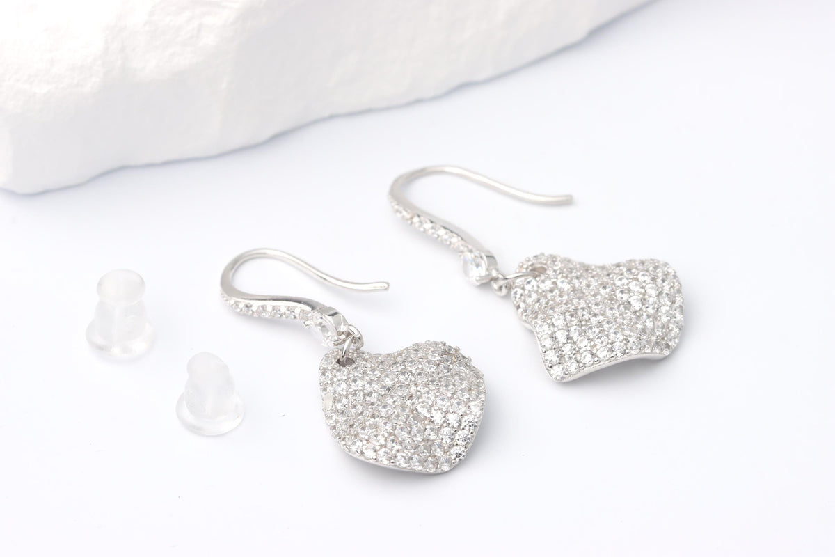 Sterling Silver 925 Pave CZ Set Wavy Dropper Earrings