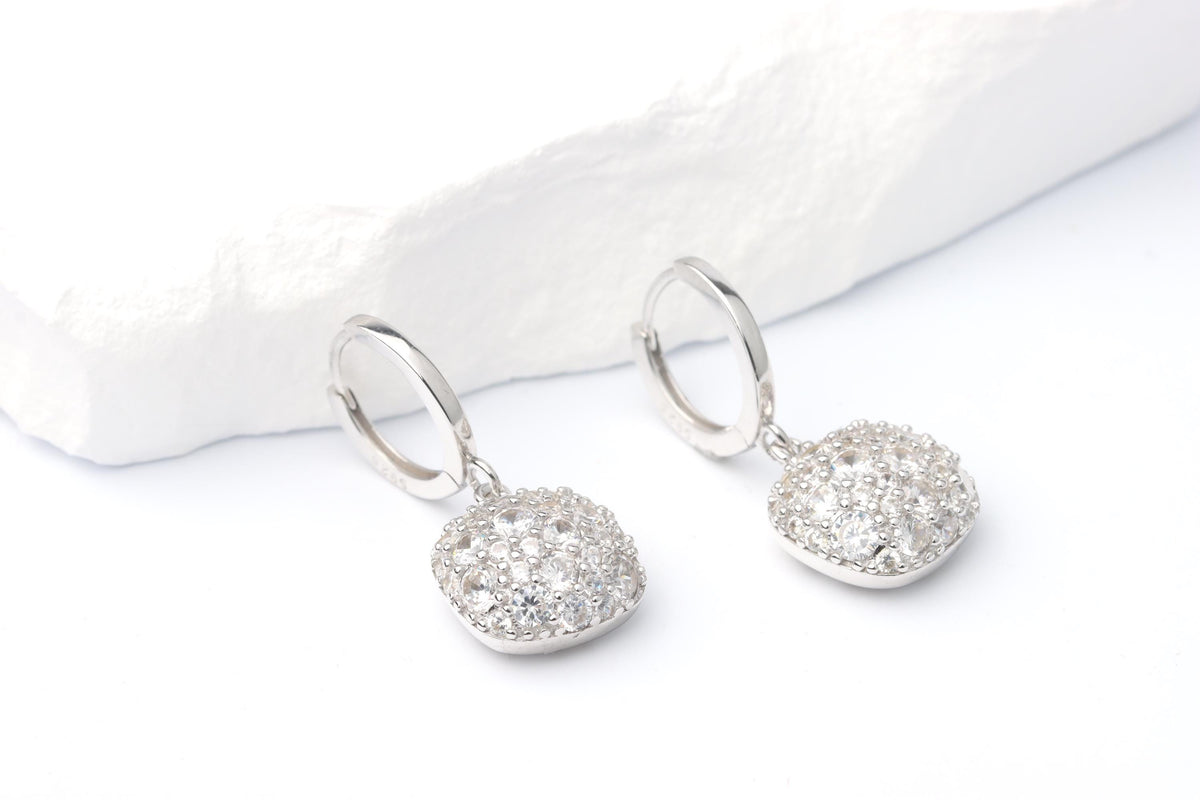 Sterling Silver 925 Pave CZ Set Square Cushion Shape Dropper Earrings
