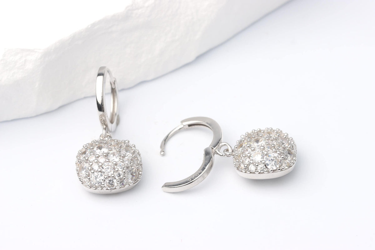 Sterling Silver 925 Pave CZ Set Square Cushion Shape Dropper Earrings