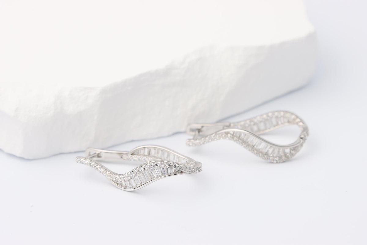 Sterling Silver 925 Wavy Hoop Earrings with Baguette and Round CZs