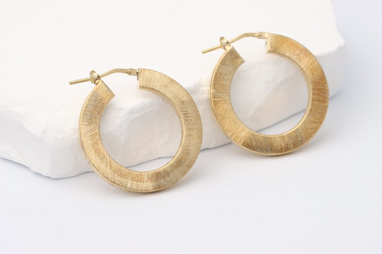 Sterling Silver 925 Gold Plated Textured Brushed Hoop Earrings