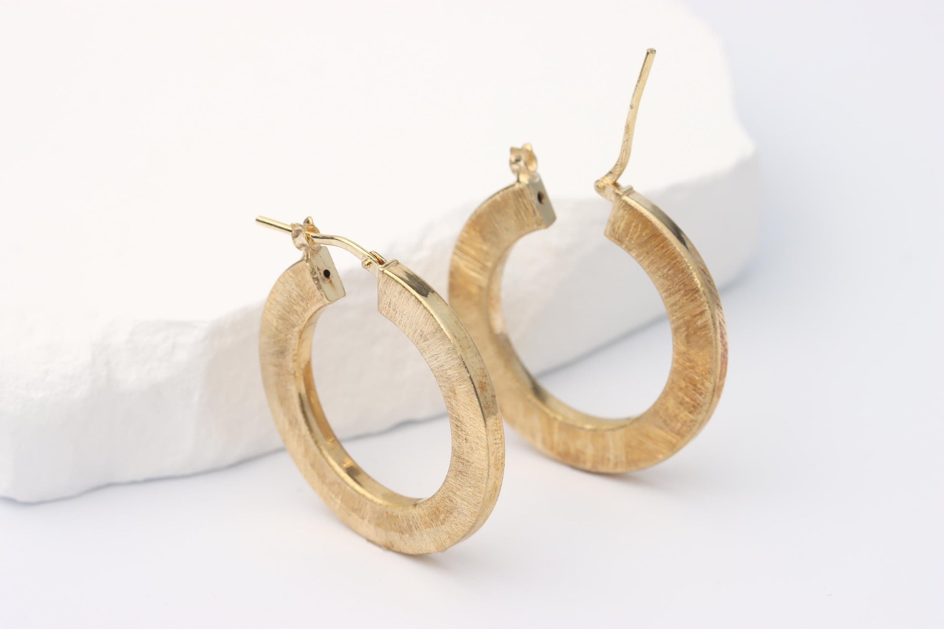 Sterling Silver 925 Gold Plated Textured Brushed Hoop Earrings
