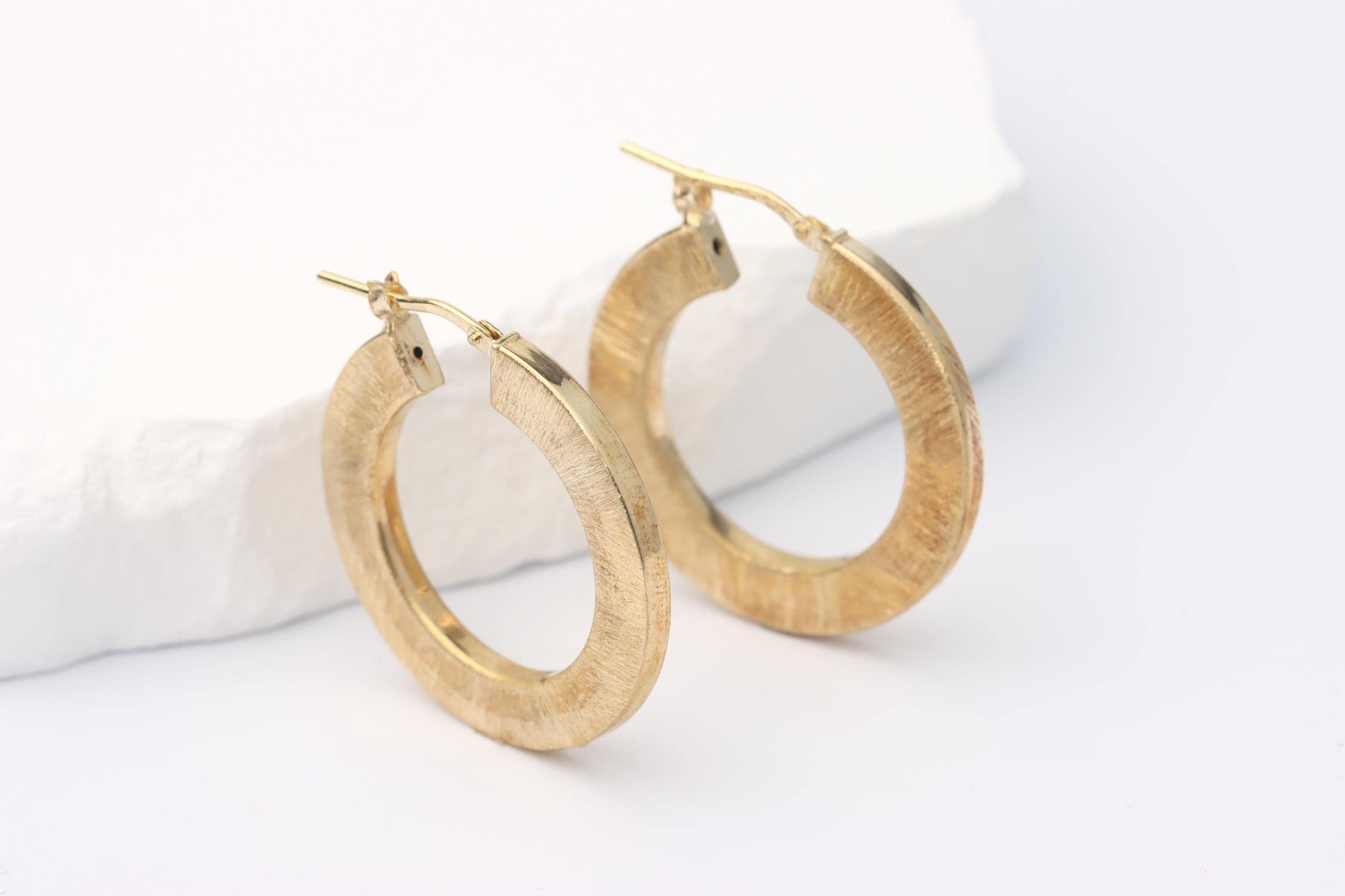 Sterling Silver 925 Gold Plated Textured Brushed Hoop Earrings