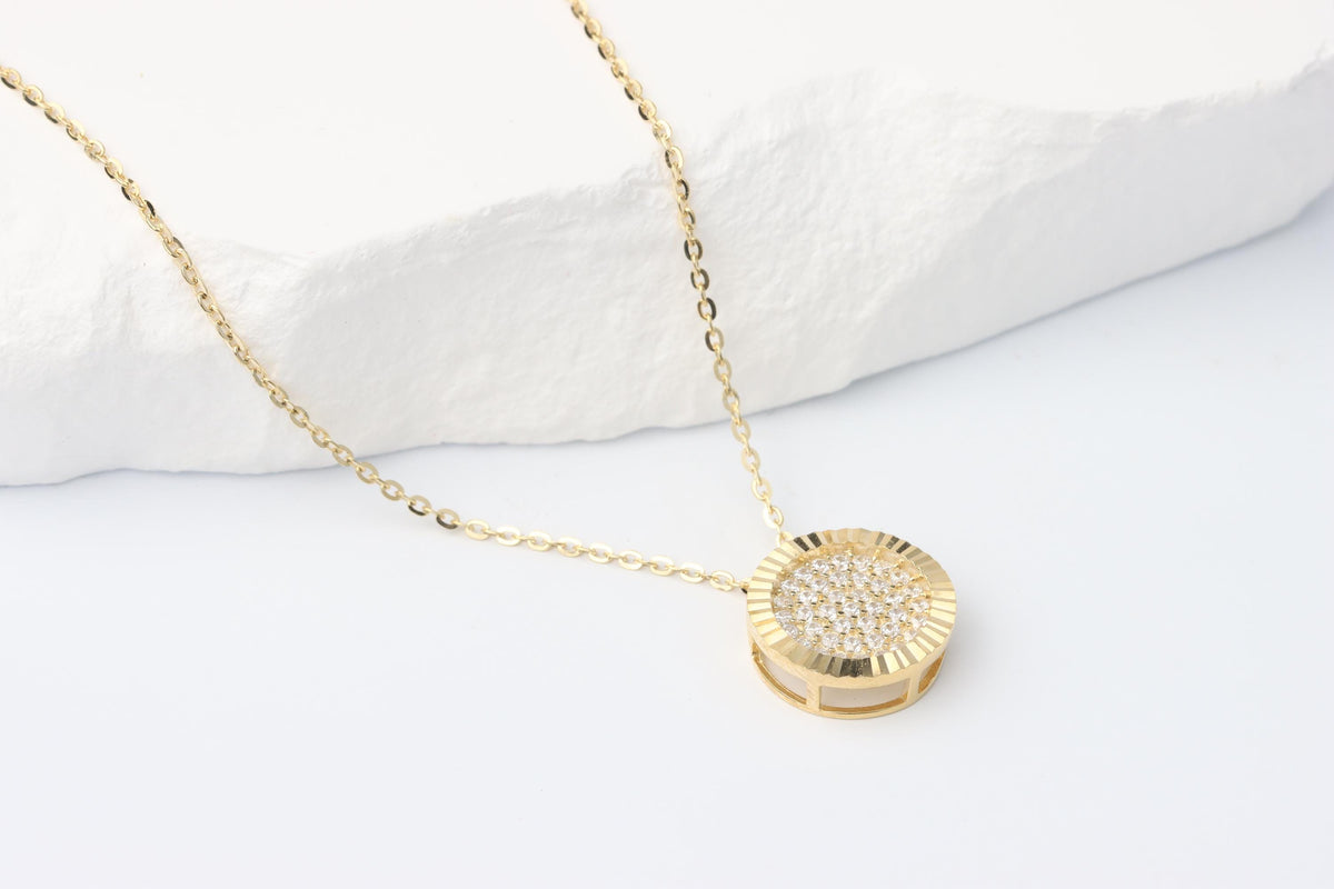 Gold CZ Disc Pendant Necklace, Dainty Sparkling Jewellery Gift for Her