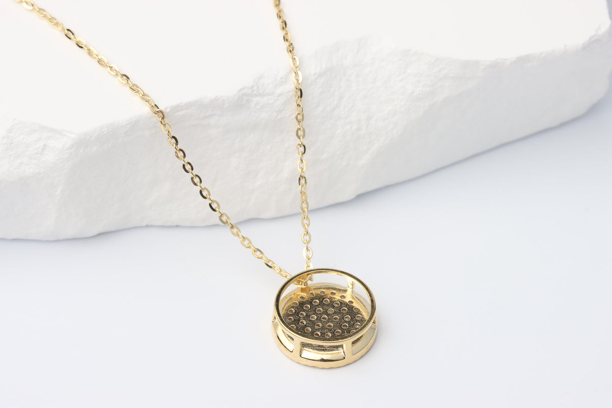 Gold CZ Disc Pendant Necklace, Dainty Sparkling Jewellery Gift for Her