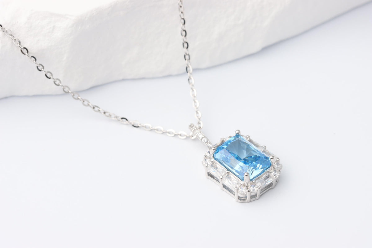 Blue Emerald Cut CZ Pendant Necklace, Silver Sparkling Statement Jewellery, Gift for Her