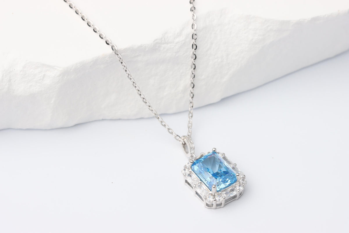 Blue Emerald Cut CZ Pendant Necklace, Silver Sparkling Statement Jewellery, Gift for Her