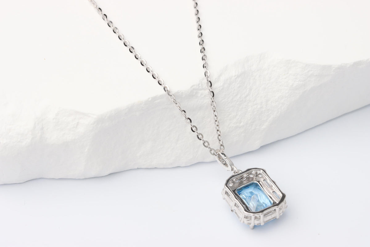 Blue Emerald Cut CZ Pendant Necklace, Silver Sparkling Statement Jewellery, Gift for Her