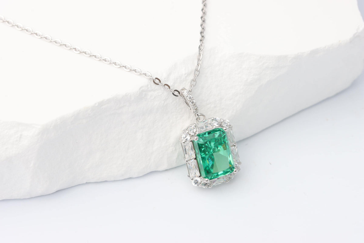 Green Emerald Cut CZ Pendant Necklace, Silver Sparkling Statement Jewellery, Gift for Her