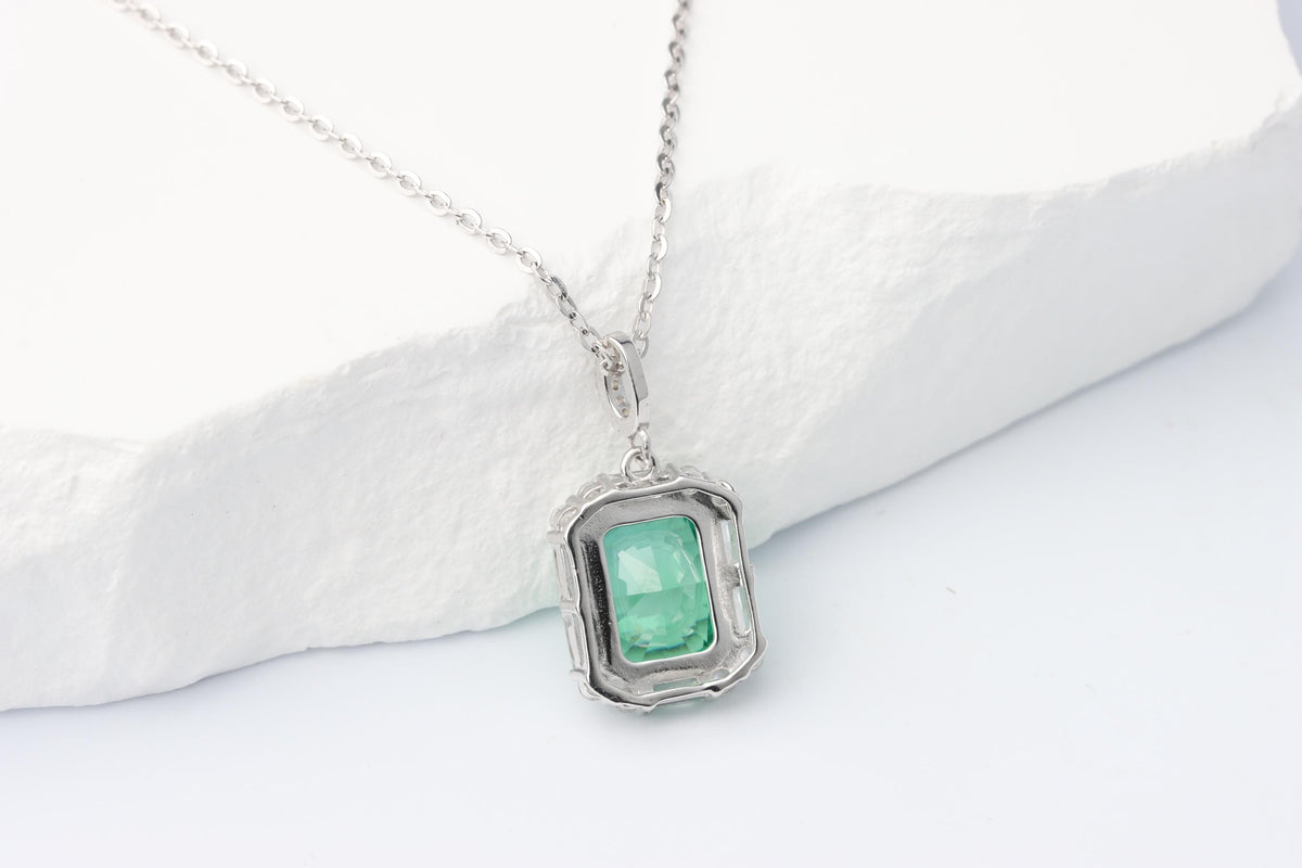 Green Emerald Cut CZ Pendant Necklace, Silver Sparkling Statement Jewellery, Gift for Her