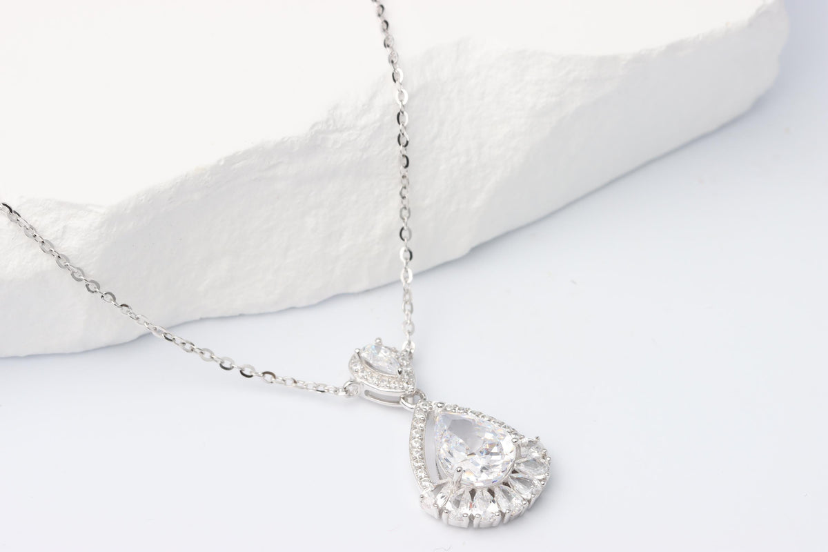 Silver Teardrop CZ Pendant Necklace, Sparkling Halo Statement Jewellery, Gift for Her