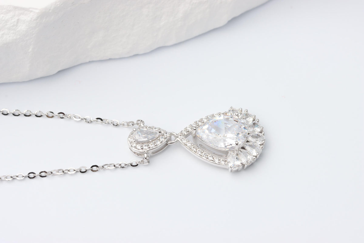 Silver Teardrop CZ Pendant Necklace, Sparkling Halo Statement Jewellery, Gift for Her