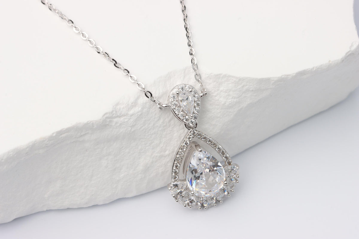 Silver Teardrop CZ Pendant Necklace, Sparkling Halo Statement Jewellery, Gift for Her