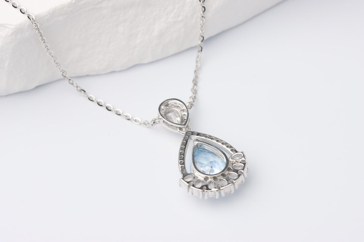 Silver Blue Teardrop CZ Pendant Necklace, Sparkling Halo Statement Jewellery, Gift for Her