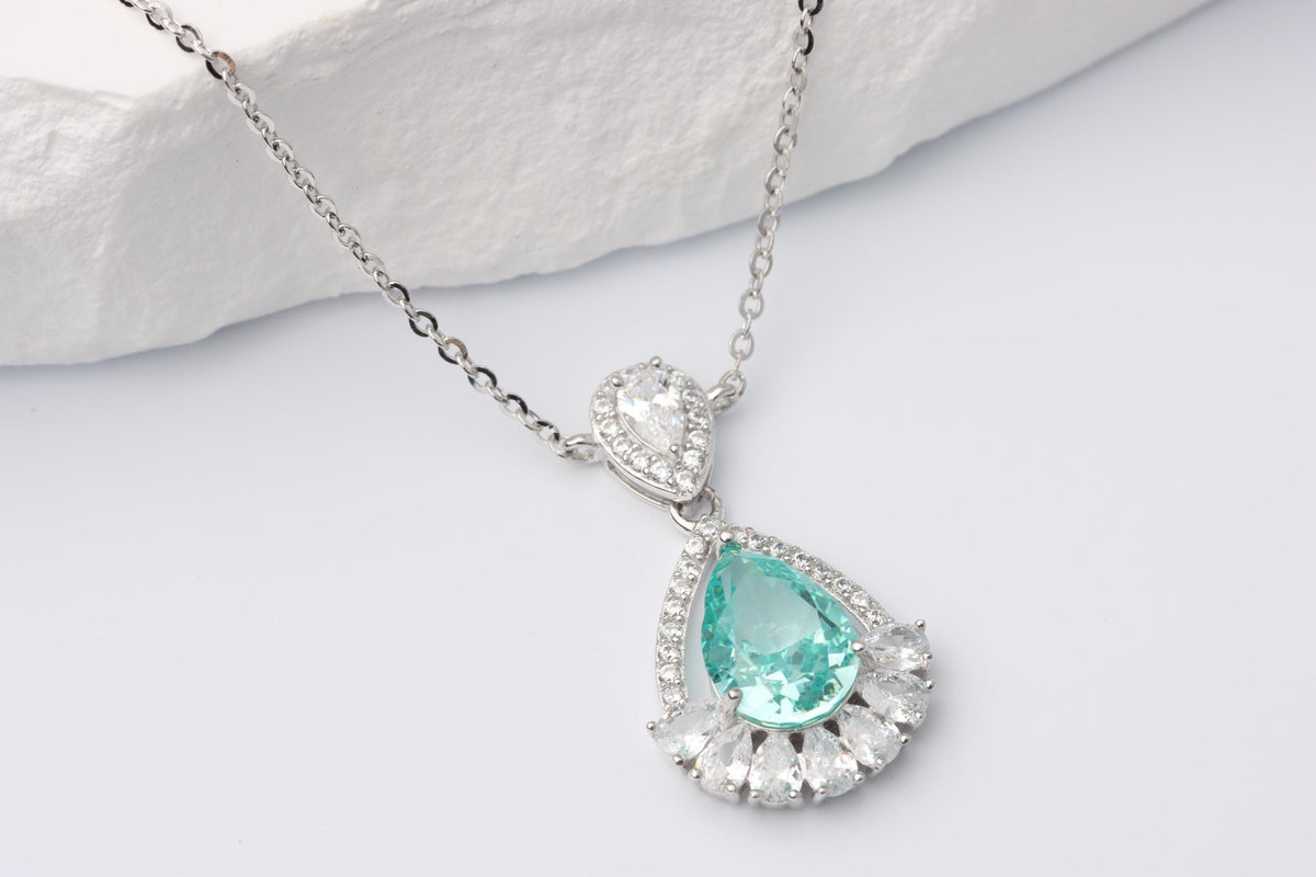Mint Green Pear Cut CZ Pendant Silver Necklace, Sparkling Statement Jewellery
