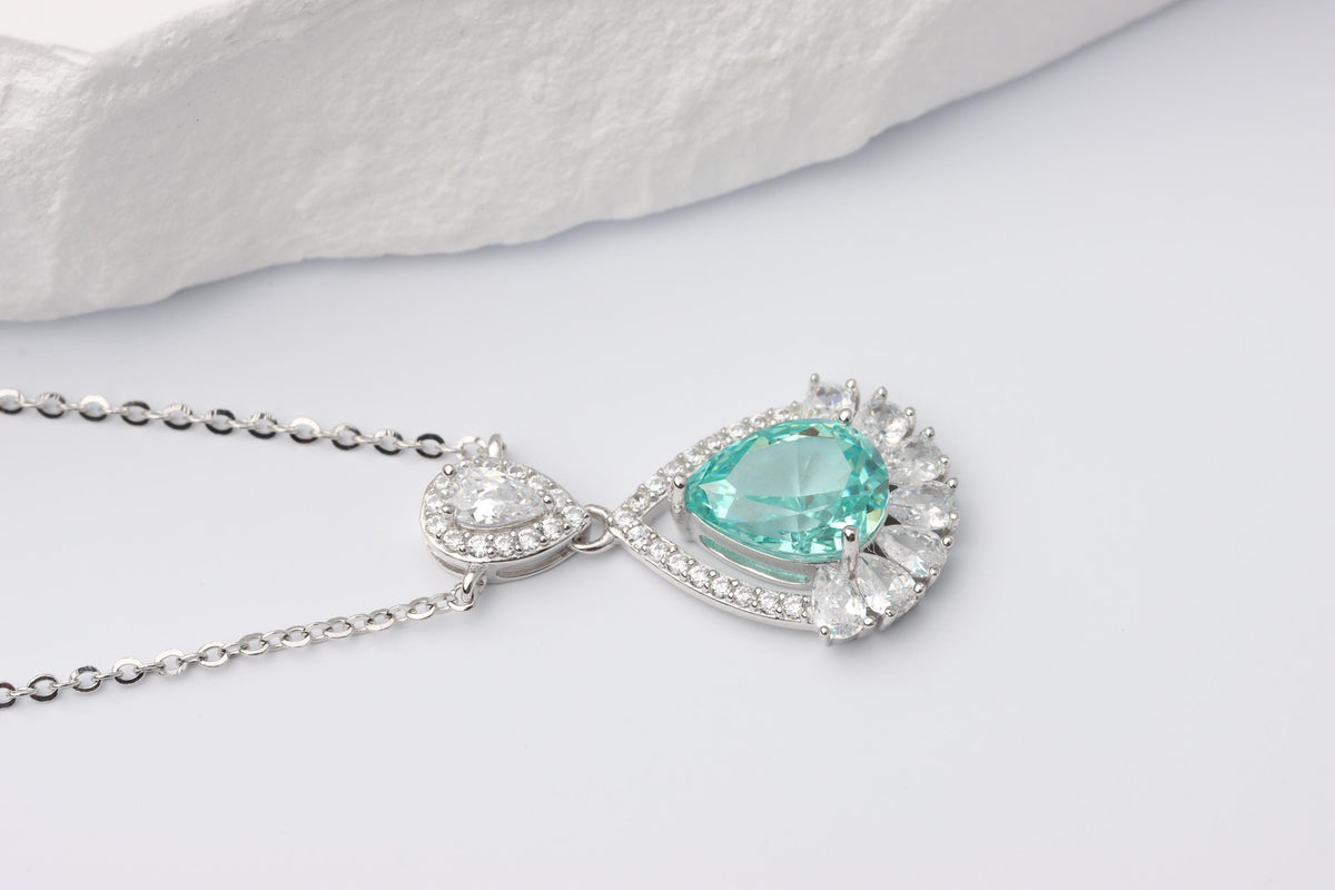 Mint Green Pear Cut CZ Pendant Silver Necklace, Sparkling Statement Jewellery
