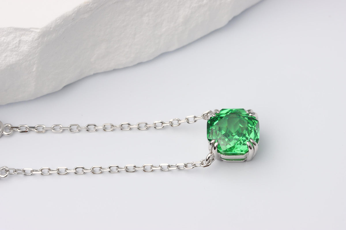 Emerald Green Cushion Cut CZ Necklace, Silver Solitaire Rose Pendant, Sparkling Gift for Her