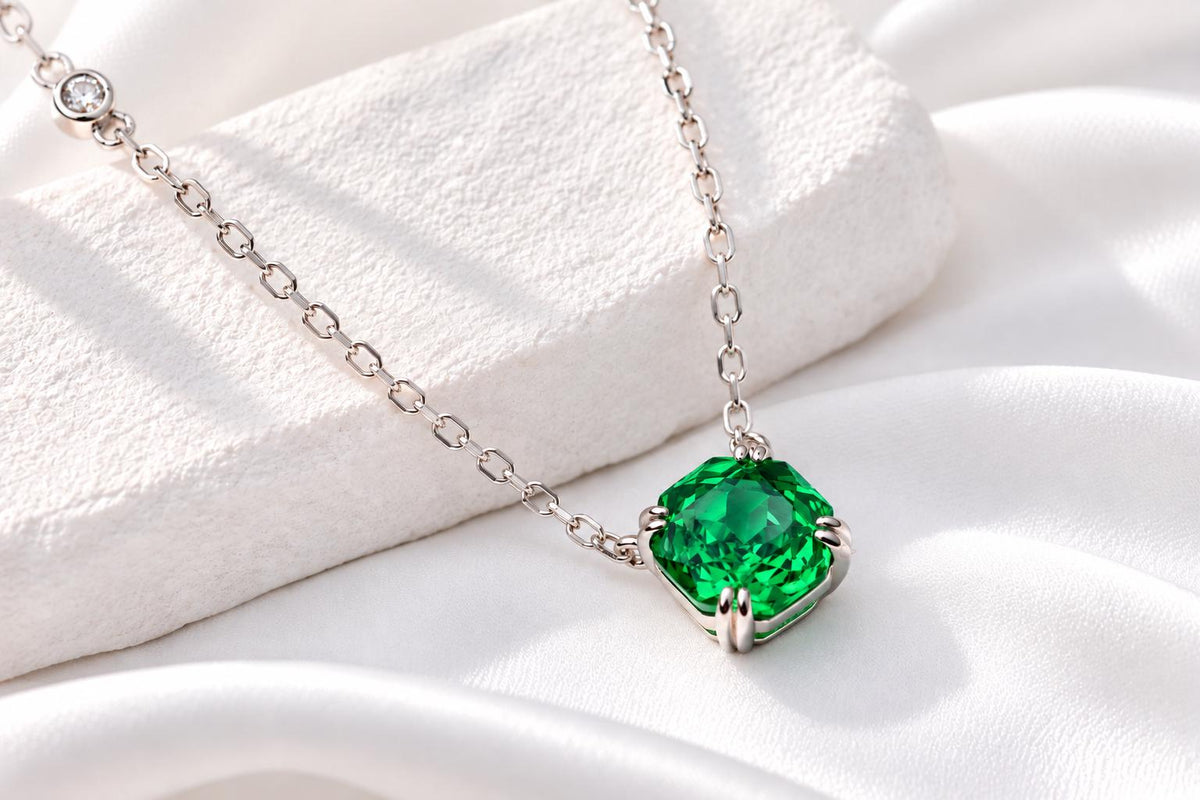Emerald Green Cushion Cut CZ Necklace, Silver Solitaire Rose Pendant, Sparkling Gift for Her