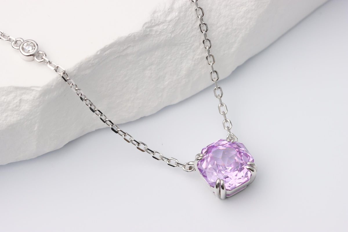 Lilac Cushion Cut CZ Necklace, Silver Solitaire Rose Pendant, Gift for Her