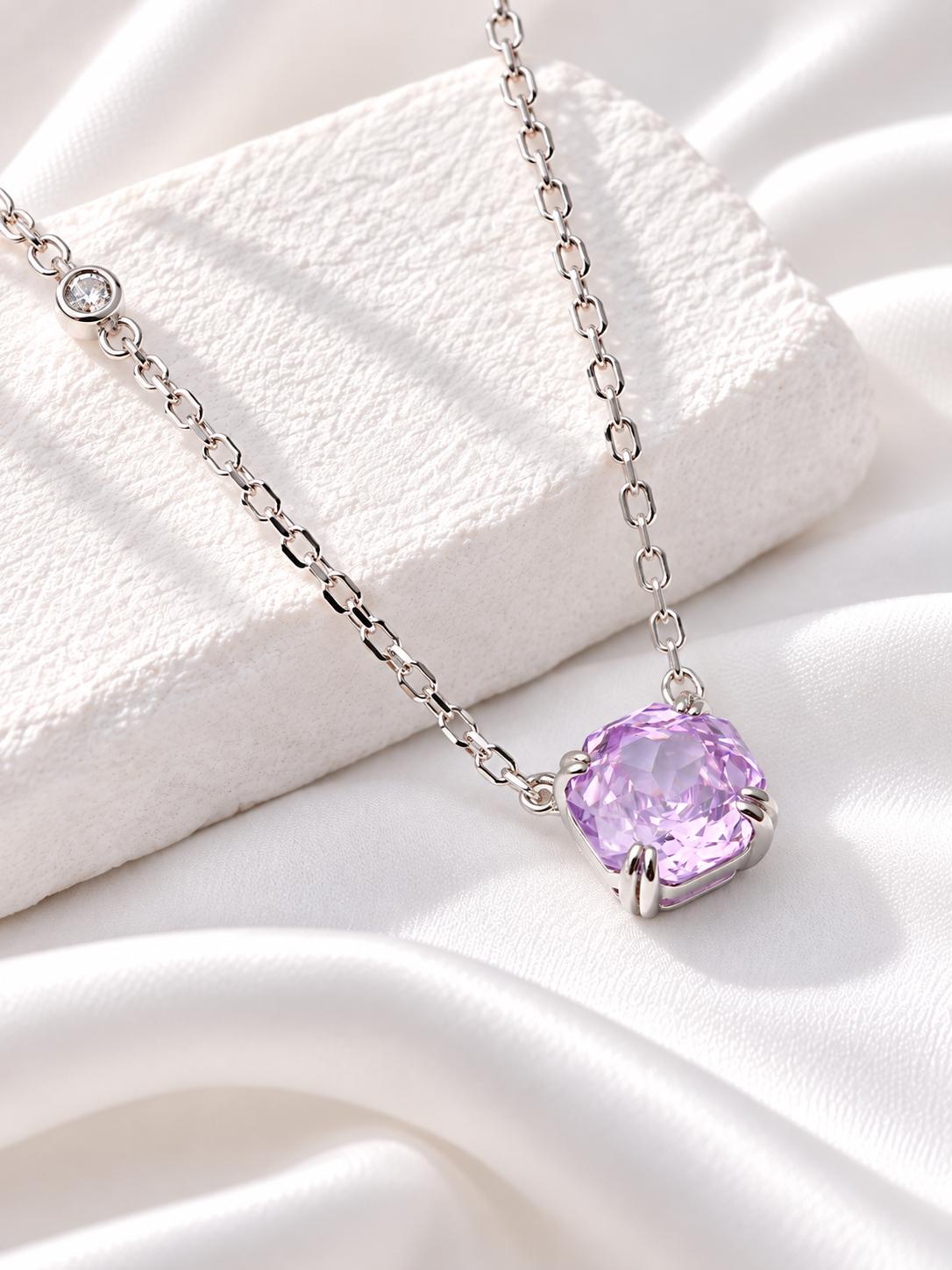 Lilac Cushion Cut CZ Necklace, Silver Solitaire Rose Pendant, Gift for Her