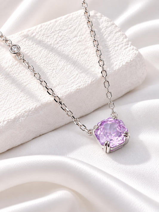 Lilac Cushion Cut CZ Necklace, Silver Solitaire Rose Pendant, Gift for Her