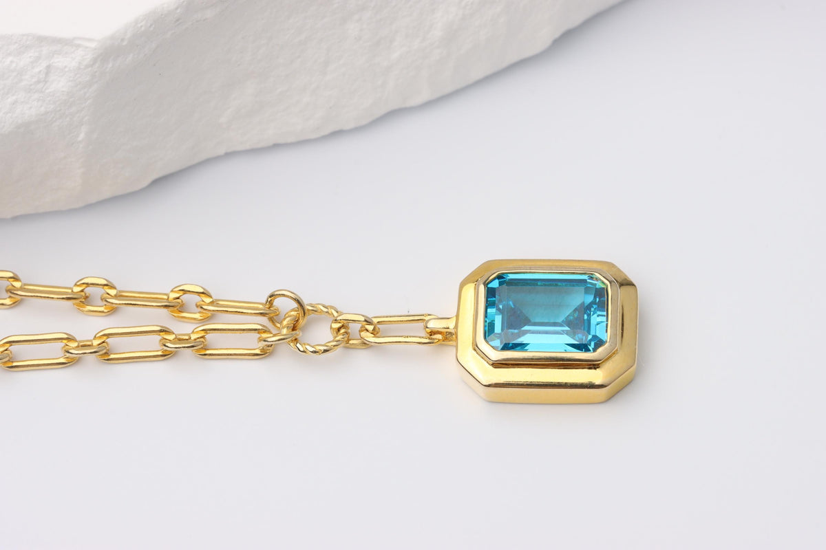 Blue Emerald Cut CZ Pendant Necklace, Gold Paperclip Chain, Gift for Her