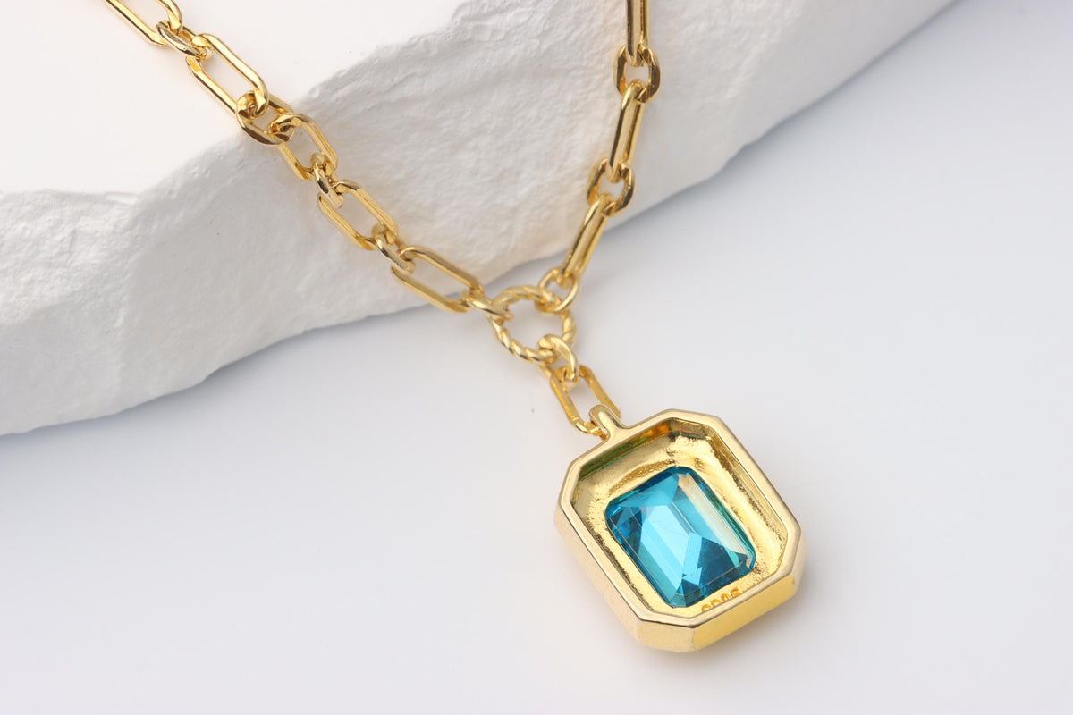 Blue Emerald Cut CZ Pendant Necklace, Gold Paperclip Chain, Gift for Her