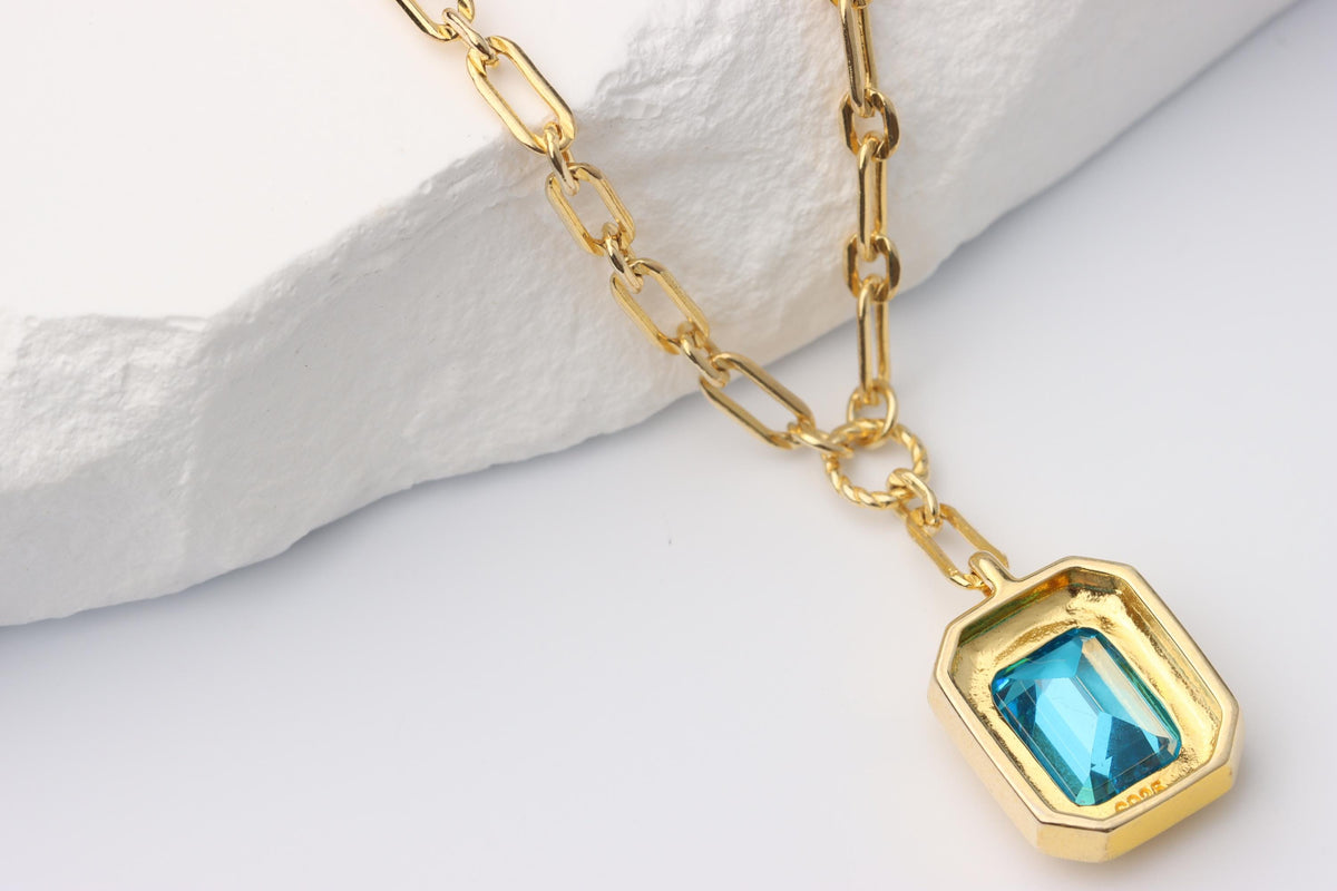 Blue Emerald Cut CZ Pendant Necklace, Gold Paperclip Chain, Gift for Her