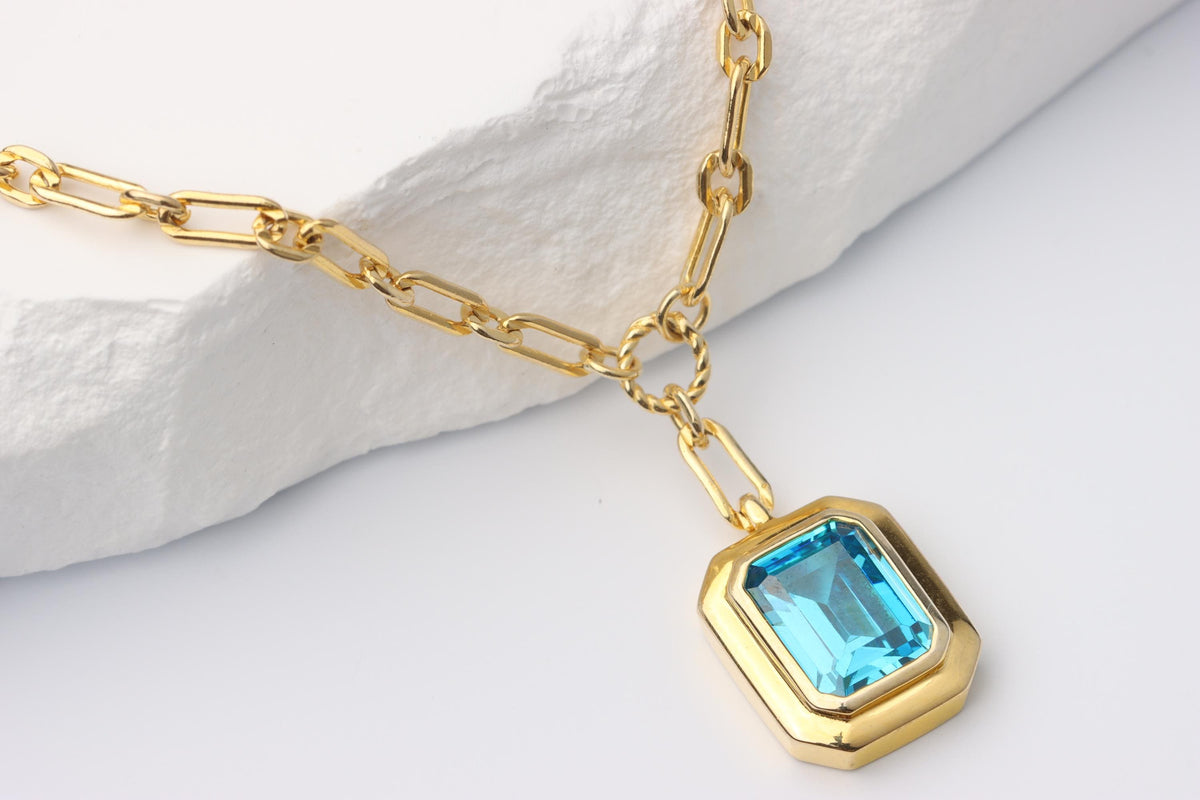Blue Emerald Cut CZ Pendant Necklace, Gold Paperclip Chain, Gift for Her