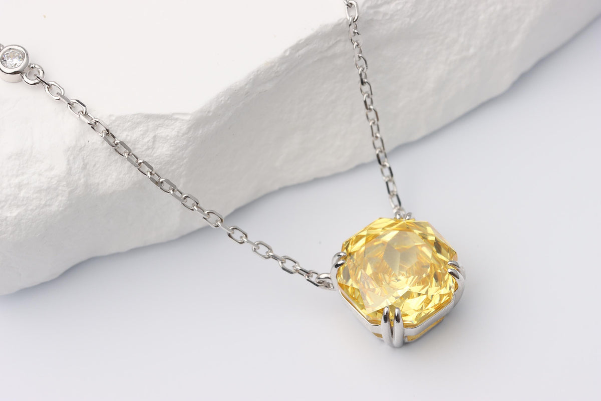 Yellow Cushion Cut CZ Necklace, Silver Solitaire Rose Pendant, Gift for Her