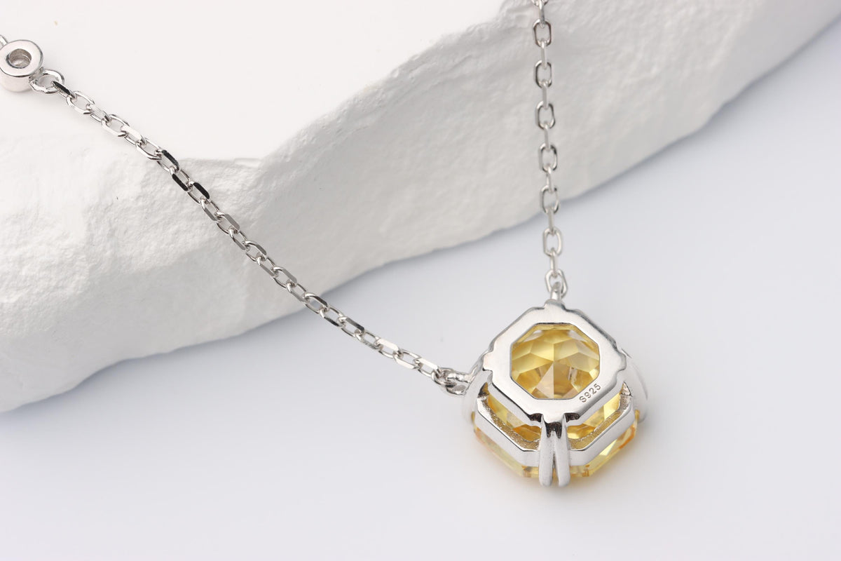 Yellow Cushion Cut CZ Necklace, Silver Solitaire Rose Pendant, Gift for Her