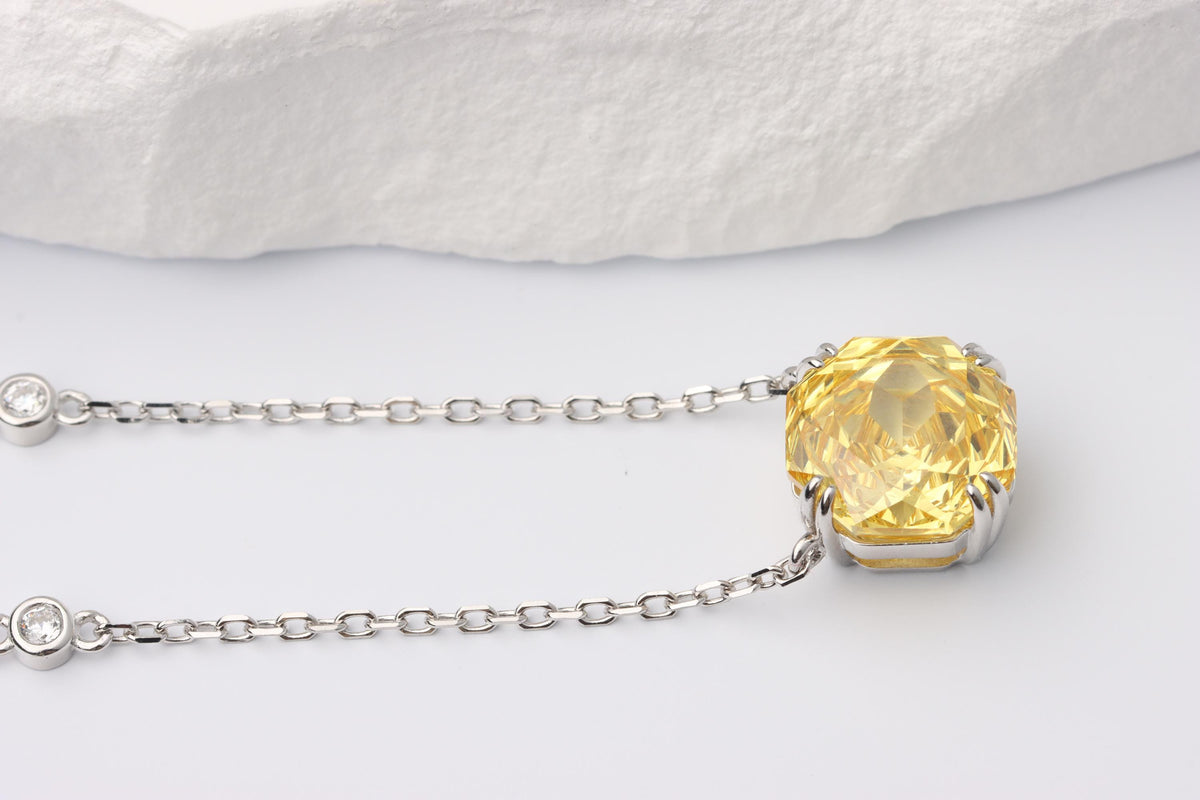 Yellow Cushion Cut CZ Necklace, Silver Solitaire Rose Pendant, Gift for Her