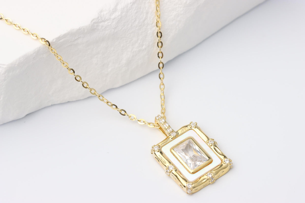 Gold Rectangular CZ Pendant Necklace, White Enamel Statement Jewellery, Gift for Her
