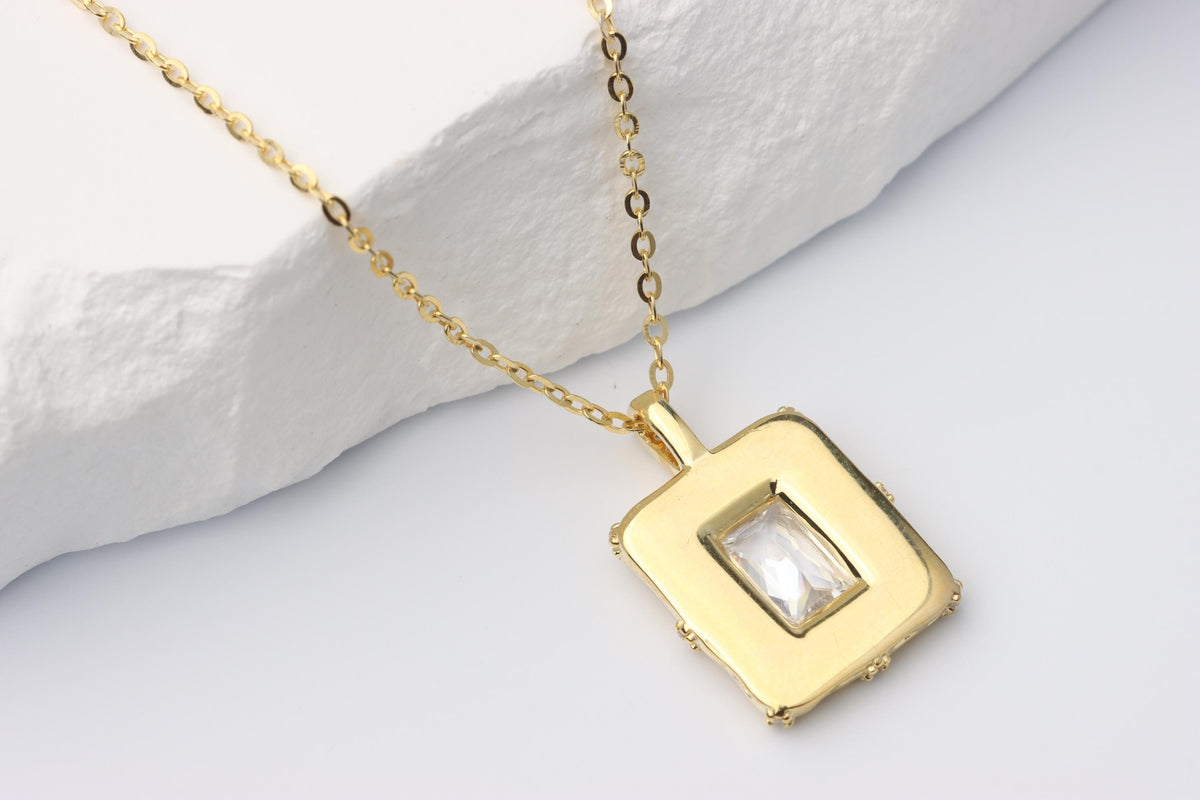 Gold Rectangular CZ Pendant Necklace, White Enamel Statement Jewellery, Gift for Her