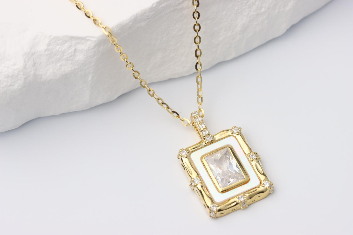 Gold Rectangular CZ Pendant Necklace, White Enamel Statement Jewellery, Gift for Her