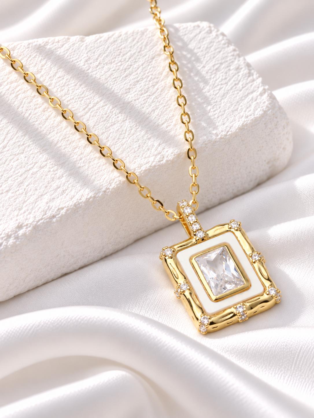 Gold Rectangular CZ Pendant Necklace, White Enamel Statement Jewellery, Gift for Her