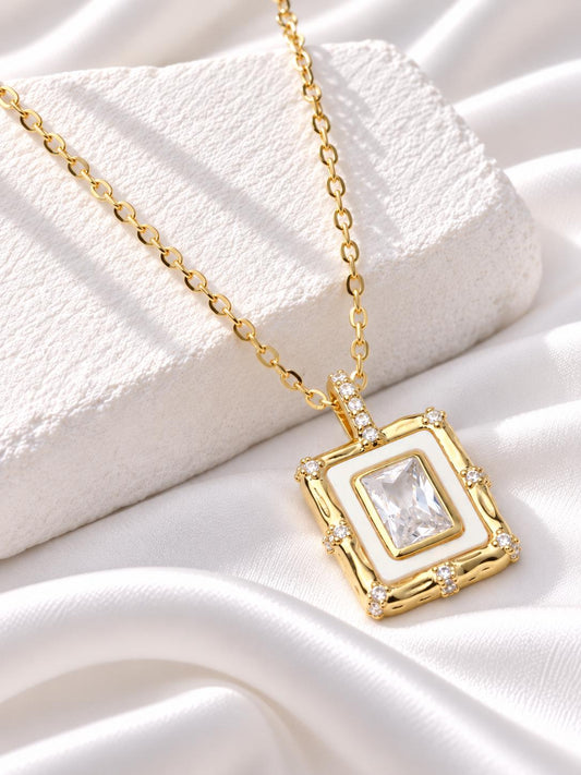 Gold Rectangular CZ Pendant Necklace, White Enamel Statement Jewellery, Gift for Her