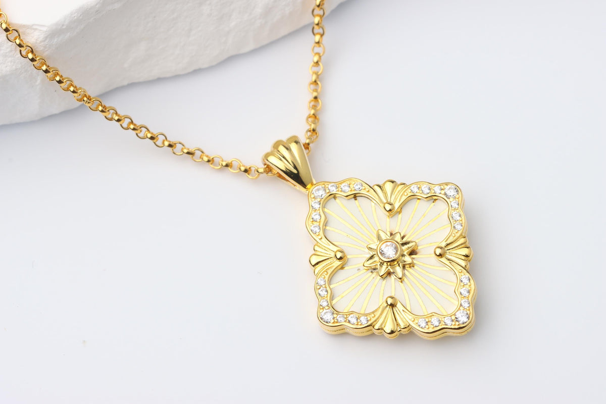 Gold Renaissance Pendant Necklace, White Enamel Statement Jewellery, Vintage Inspired Gift for Her