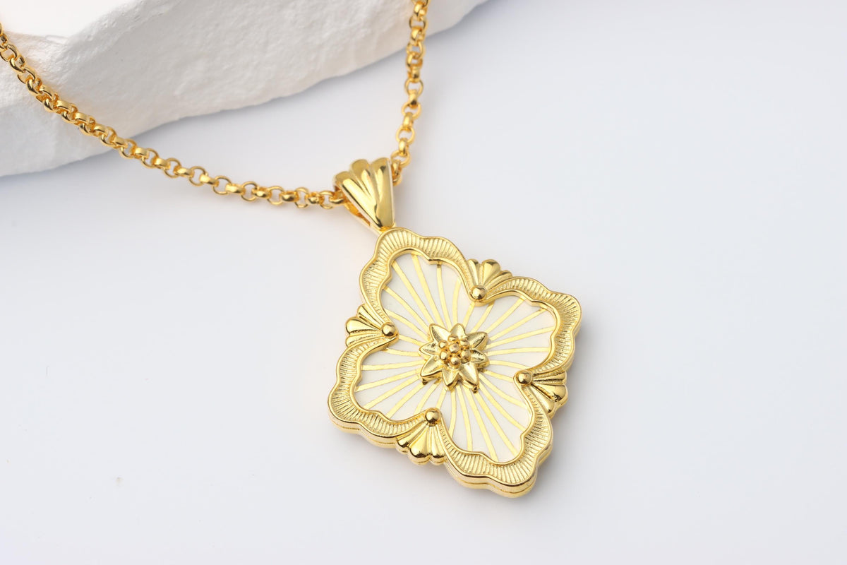 Gold Renaissance Pendant Necklace, White Enamel Statement Jewellery, Vintage Inspired Gift for Her