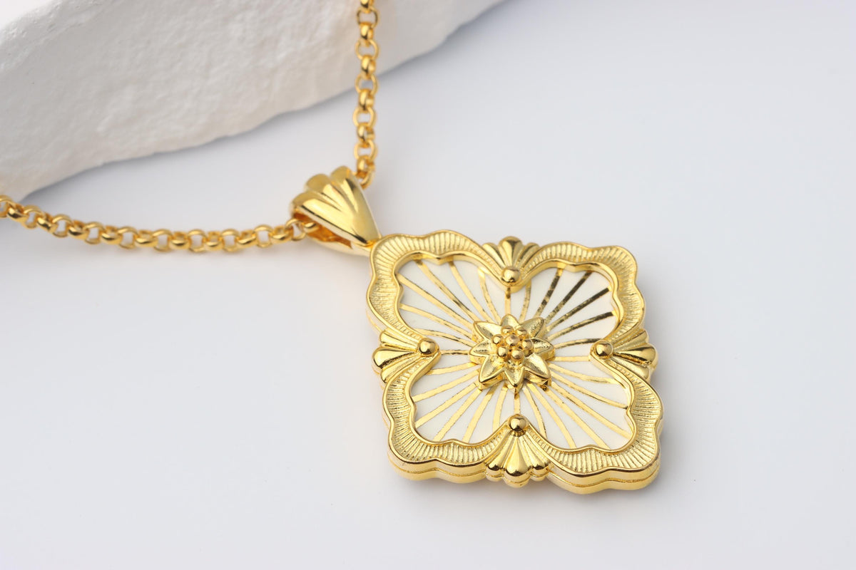 Gold Renaissance Pendant Necklace, White Enamel Statement Jewellery, Vintage Inspired Gift for Her