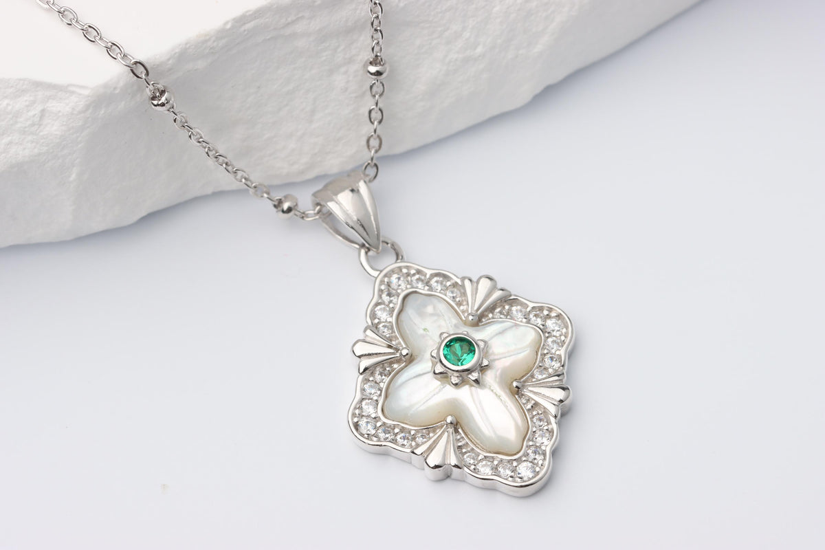 Silver Renaissance Pendant Necklace, White Mother of Pearl Statement Jewellery, Gift for Her