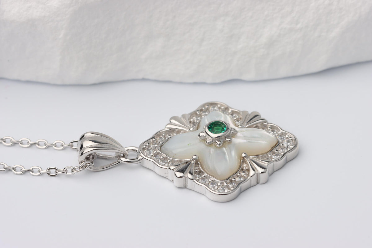 Silver Renaissance Pendant Necklace, White Mother of Pearl Statement Jewellery, Gift for Her