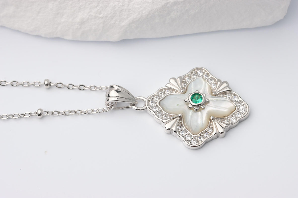 Silver Renaissance Pendant Necklace, White Mother of Pearl Statement Jewellery, Gift for Her